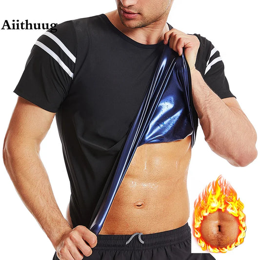 Aiithuug Sauna Suits Men Waist Trainer Body Shaper Short Sleeve White Stripe Body Building Corsets Gym Shirts Weight Loss Slim
