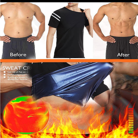 Aiithuug Sauna Suits Men Waist Trainer Body Shaper Short Sleeve White Stripe Body Building Corsets Gym Shirts Weight Loss Slim